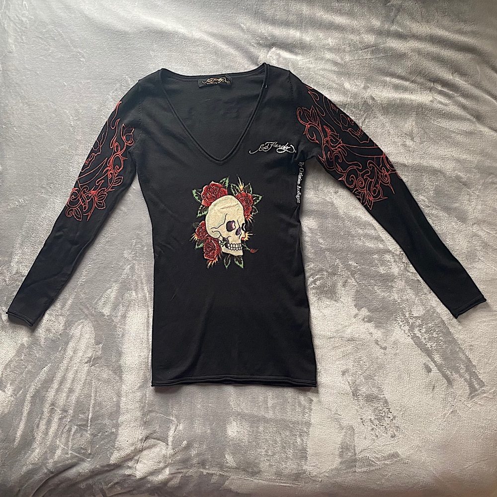 Ed Hardy Black Rhinestone Skull Rose Long Sleeve